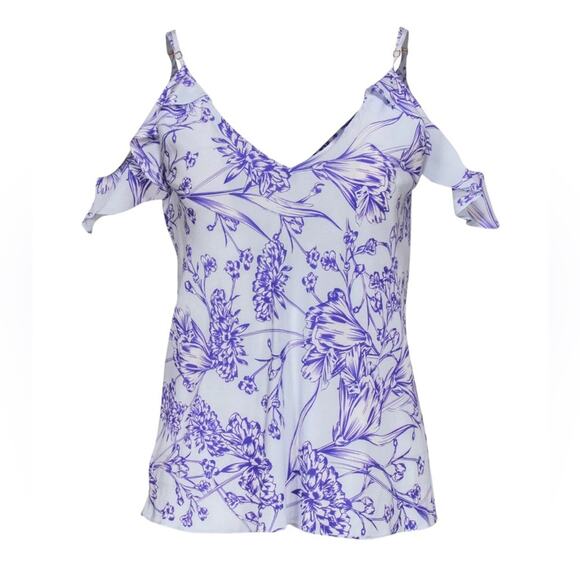 Amanda Uprichard Light Blue Purple Floral Cold Shoulder Flutter Silk Blouse M - Picture 1 of 7